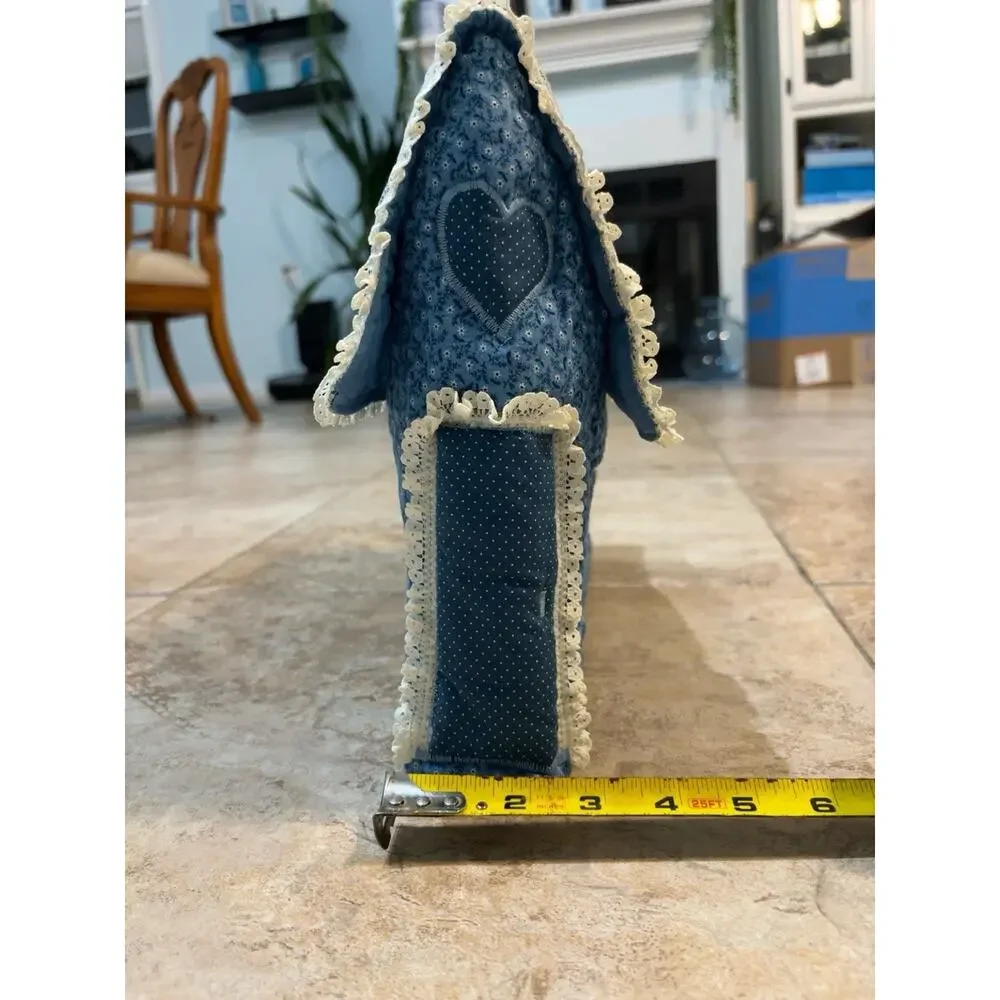 Handmade Blue Calico House Tissue Box Cover Quilted Lace Country Cottagecore
